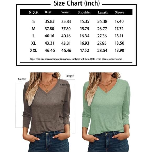 New Women's 3/4 Sleeve V-Neck Casual Basic Trendy Tee‎ Blouses, White - Picture 6 of 7